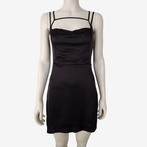Forever 21 Black Silky Satin Strappy Cowl Neck Mini Sheath Dress Size L